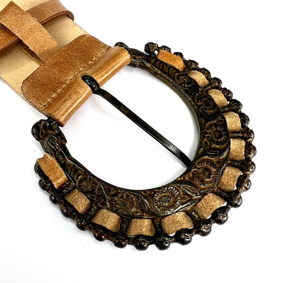 Vintage Streets Ahead Tan Light Brown Leather Belt Ornate Metal Buckle Large - Picture 4 of 6